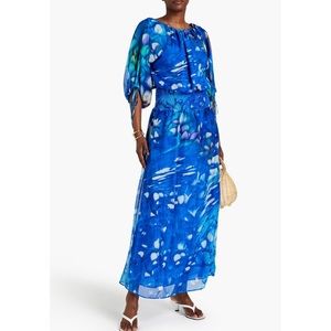 Eywasouls Malibu Lace Up Shirred Printed Silk-Chiffon Maxi Dress